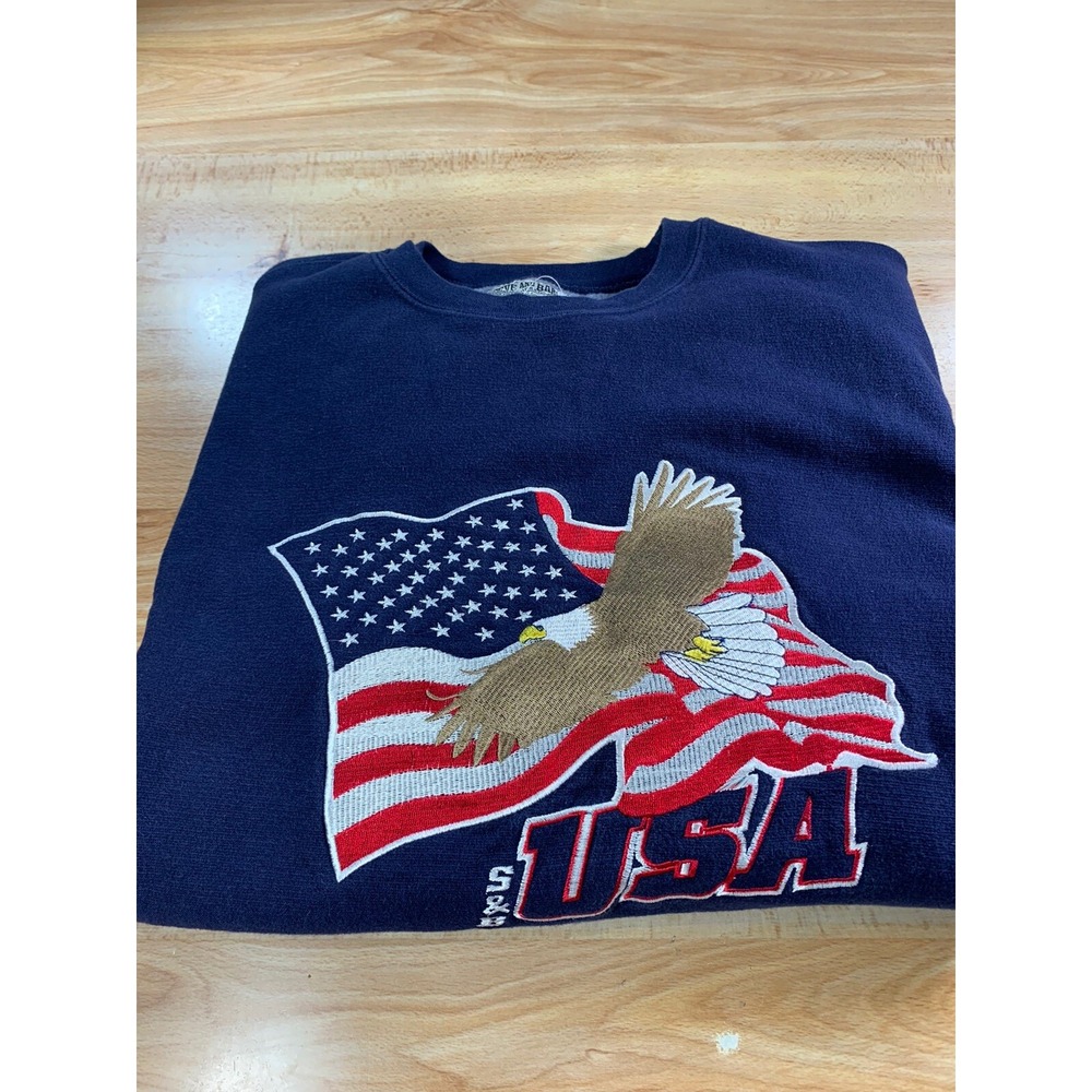 STEVE & BARRY Huge AMERICA USA Embroidered Sweater Pull Over L Large Long Sleeve